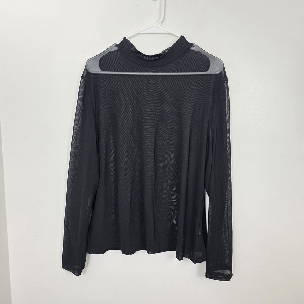 Black Mesh Stretchy Mock Neck Long Sleeve Sheer Whimsygoth Witchy Y2K‎ Shirt 2XL